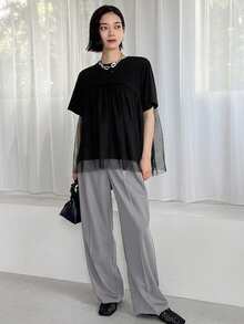 FRIFUL Women's Solid Color Round Neck Short Sleeve T-Shirt With Mesh Ruffle Hem School - Black - View 2
