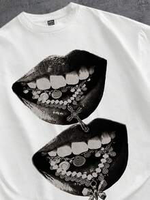 Manfinity ZONE917 Oversized Distressed Gray Street Style Lip Gem Teeth Cross Print White Short Sleeve T-Shirt, Suitable For Summer, Funny Gift For Boyfriend Or Yourself - White - View 2