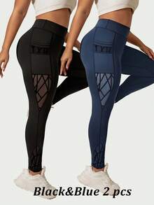 SHEIN Velisys 2 peças Calça Esportiva Preta e Azul Combinação Plus Size, Tecido de Rede Lateral e Retalhos Floquados, Bolsos da Moda, Legging Modeladora de Ajuste Justo - Multicolorido - Visão 1