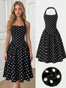 Elegant Black And White Polka Dot Halter Mini Dress,Summer Party Beach Vacation Ruched Front Layered Ruffle Hem Textured Fabric For Young Women - Black - View 3