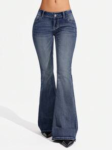 Jeanoix Quần jeans ống loe thời trang dáng Y2K cỡ lớn, đa năng. - Rửa trung bình - Xem 1