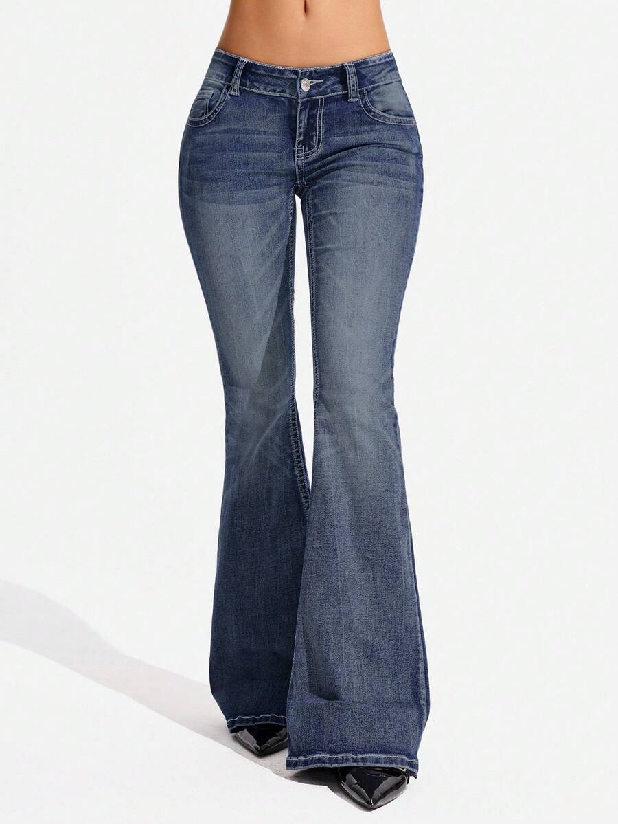 Jeanoix Quần jeans ống loe thời trang dáng Y2K cỡ lớn, đa năng. - Rửa trung bình - Xem 1