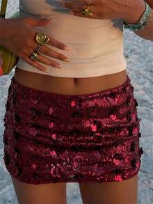 Aloruh Short court rose à paillettes taille basse pour jeunes femmes pour festival de musique - Rouge foncé - Voir 3