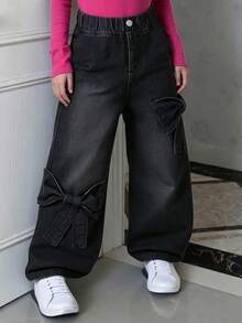 SHEIN Quần jeans ống đứng dáng rộng, thoải mái, dễ phối đồ, có nơ và túi, dành cho bé gái, thích hợp mặc hàng ngày. - Màu xám đen - Xem 6