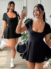 SHEIN EZwear 黑色休闲加大码女式方领短袖连体裤 - 黑色 - 查看 4