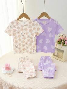 Young Girl 4pcs Random Blind Box Casual Simple Snug Fit Comfortable Round Neck Short Sleeve Long Pants Loungewear Set, Suitable For Spring/Summer, 4-Piece Set Young GirlS - Multicolor - View 6