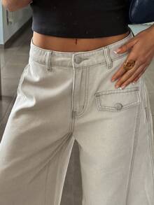 DAZY Quần jeans nữ ống rộng, dài đến 7/8, thiết kế cài nút ở eo, kiểu dáng thường ngày. - Màu Khaki - Xem 6