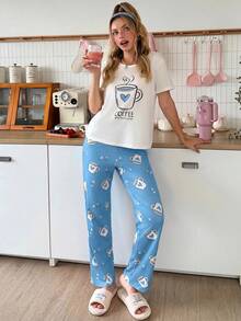 SweetSlumber Conjunto de pijama de mujer con estampado de taza de café con forma de corazón - Multicolor - Ver 3