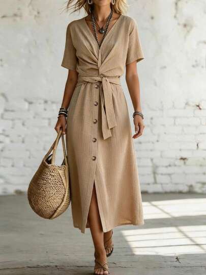 Breezaya Women's Summer Casual Vacation Dress, Slit Hem, Wrap Style Top, Spring/Summer Front Tie Bow Cutout Waist, Resin Button Hem, Long Dress For Beach Vacation Travel Casual, Beach Outfit, Daily, Elegant, Minimalist Style, Casual Gathering, Summer Outfit, Women's Vacation Outfit, Music Festival Dress, Gentle, Intellectual, Elegant, High-End, Elegant Outfit, Commute, Daily, Summer, Party, Beach, Date, Graduation Season, Business Office, Urban Fashion Versatile Daily