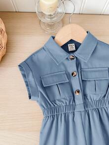 SHEIN LMoss Kids Bộ áo liền quần ngắn tay cổ bẻ dễ thương mùa hè cho bé gái - Màu xanh bụi bặm - Xem 6