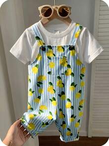 Baby Boy Casual Cute Versatile Striped Cartoon Lemon Pattern Bib Jumpsuit Baby Boy Overall Set - Multicolor - View 2