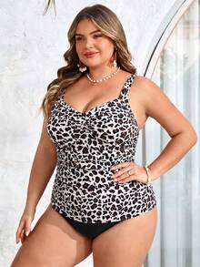 SHEIN CURVE+ Bộ đồ bơi tankini 2 mảnh in họa tiết dành cho nữ cỡ lớn, bikini hở lưng, thích hợp cho kỳ nghỉ hè. - Màu be - Xem 3