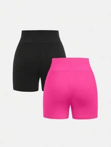 SHEIN 少女纯色透气休闲夏季打底裤 - 玫紅色 - 查看 2