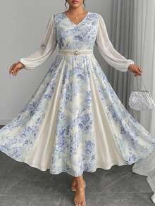Modelyn Plus Size Women Floral V-Neck Lantern Sleeve Elegant Dress Gym Brown Autumn - Multicolor - View 5