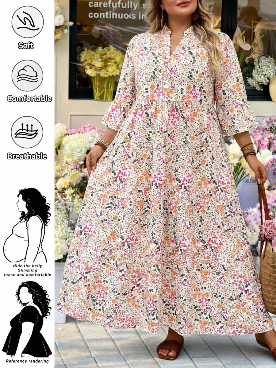 SHEIN CURVE+ 大码女式碎花喇叭袖荷叶边沙滩连衣裙度假装女装沙滩度假装,夏季女装,绿白相间长裙,绿色碎花长裙,层叠长裙,秋季女装,学生装,乡村风女装,教师装,秋季女装,秋季女装,休闲女装 - 彩色 - 查看 1
