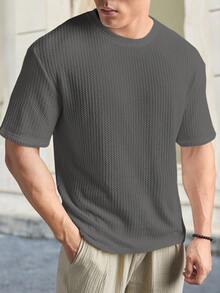 Manfinity RebelGame Loose Fit Men's Letter Patched Waffle Knit T-Shirt - Dark Grey - View 5