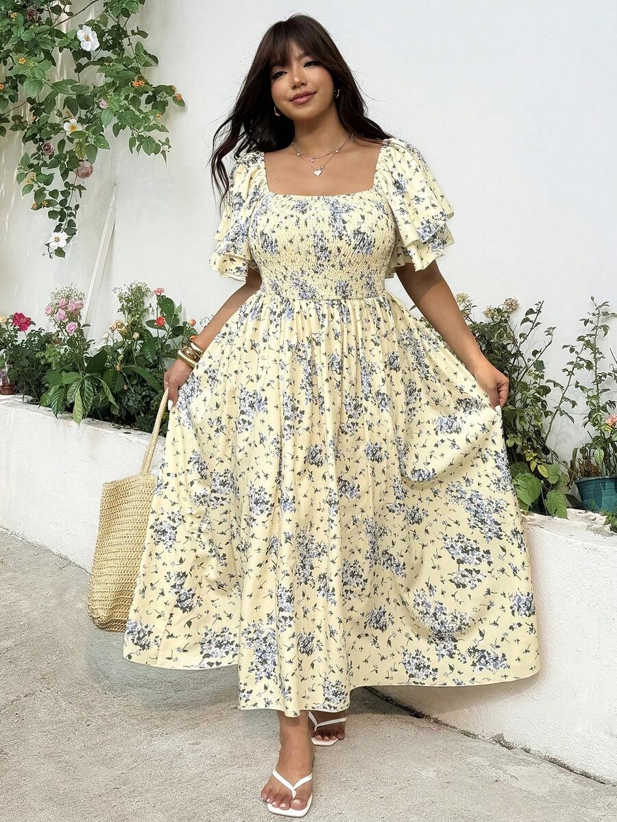 GalTyme Plus Size Women's Floral Print Square Neck Dress, Summer - Multicolor - View 1