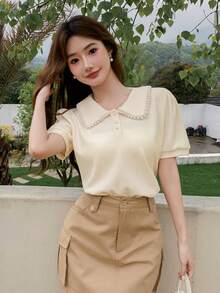 DAZY Women Summer Casual Solid Color Faux Pearl Embellished Peter Pan Collar Short Sleeve T-Shirt - Apricot - View 6