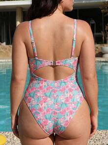 Swim Mod Plus Size One-Piece Swimsuit For Women, Elegant Sexy Pink Shell Print, V-Neck Front Twist Cutout, Holiday Summer Beach Vacation Pool Party - Multicolor - View 2