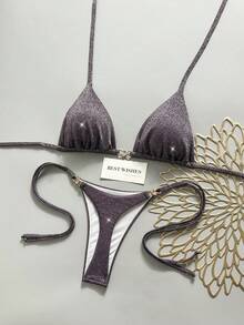 Swim Vcay Bộ bikini nữ màu trơn, chất liệu vải bóng, dây mảnh, trang trí kim loại, thích hợp cho kỳ nghỉ biển. - Màu tím - Xem 3
