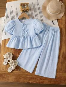 Emery Rose Kids Emery Rose Kids 女童編織格紋花瓣袖上衣與寬鬆長褲2件套 - 藍色 - 查看 6