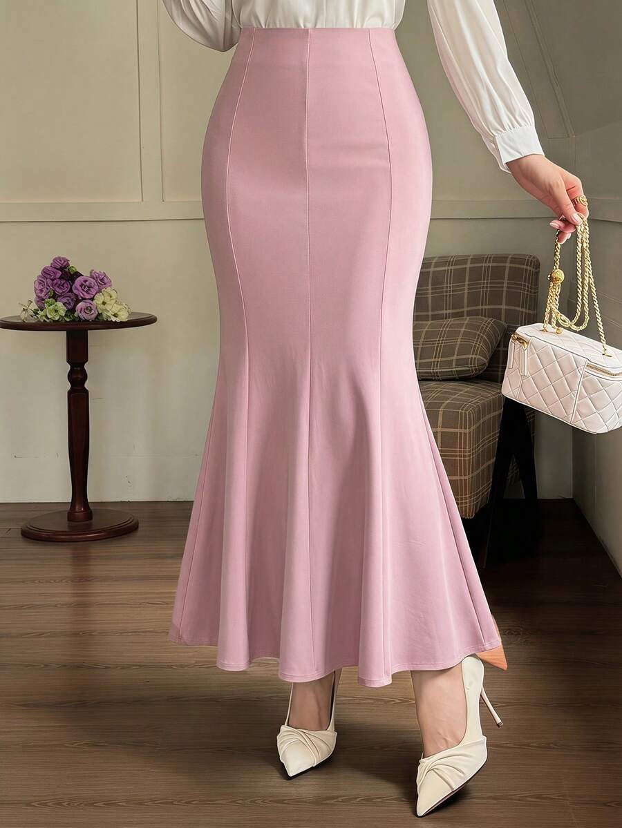 DAZY Women's Elegant Elegant Daily Commute Minimalist Solid Color Fishtail Hem Fitted Skirt - Dusty Pink - View 1