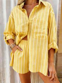 Silhoulove Setelan Liburan Kasual Wanita Lengan Panjang Bergaris dengan Kancing Depan - Kuning - View 5