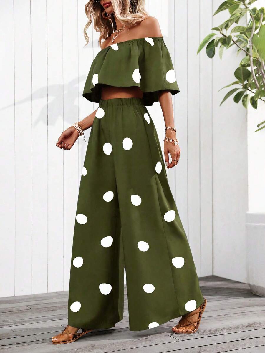 SHEIN PETITE 女款春夏新款露肩波點兩件套,休閒度假穿搭,適合嬌小女性 - 軍綠色 - 查看 1