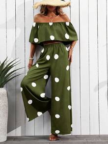 SHEIN PETITE 女款春夏新款露肩波點兩件套，休閒度假穿搭，適合嬌小女性 - 軍綠色 - 查看 3