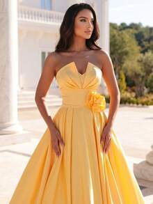 Glamrae Elegante y lujoso vestido de satén con estampado floral sin tirantes y largo, adecuado para bodas, fiestas, vacaciones, bailes y eventos formales (con abundantes adornos) - Amarillo - Ver 5