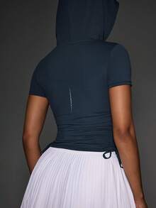OutZeal Women Sports Tee Gym Workout Wear Soft Stretch Slim Fit Side Ruched Drawstring Hood Active Tops - Blue - View 9