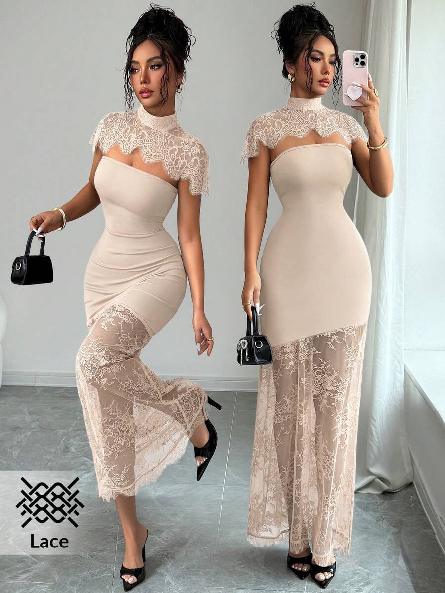 SHEIN Elenzya Vestido de manga corta ajustado, transparente, con parches de encaje y calado de unicolor - Albaricoque - Ver 1