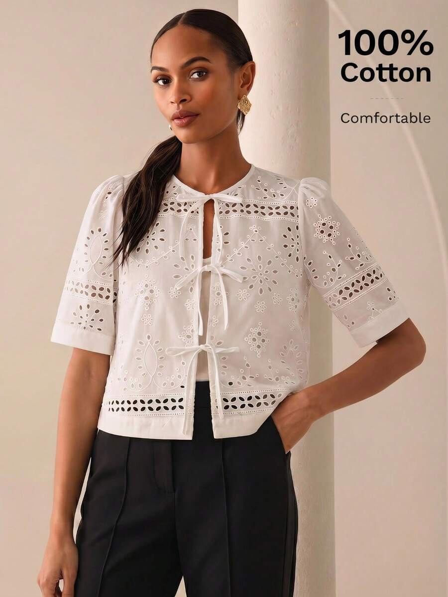 Lilora Áo sơ mi ngắn tay thêu bằng cotton mới dành cho nữ, kiểu dáng thời trang, đa năng, thanh lịch, phù hợp cho đi làm, đi chơi, tụ họp, hẹn hò, dự tiệc, thư giãn, dã ngoại, kỳ nghỉ, mùa hè. - trắng - Xem 1