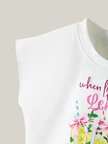 SHEIN Casuvi Kids 女童柠檬印花无袖上衣和花卉蝴蝶结格子短裤两件套，清新舒适的休闲装扮 - 彩色 - 查看 5