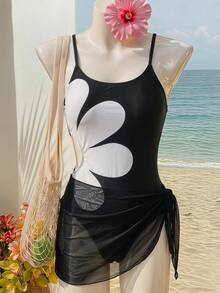 SHEIN 少女碎花镂空连体泳衣罩衫带裙 - 黑與白 - 查看 3