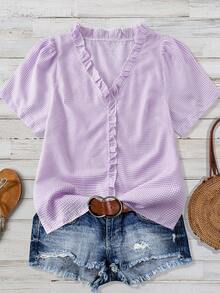 Linhara Plus Size Women's Solid Color Textured V-Neck Short Sleeve Casual Regular Blouse, Suitable For Going Out, Vacation, Club - Purple - View 6