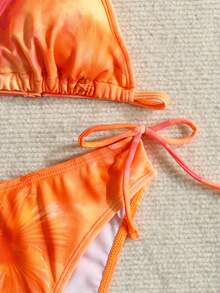 SHEIN Teen Girls' Orange Floral Spaghetti Strap Bikini 2 Pieces Swimwear Set, For Beach Vacation, Spring/Summer - Burnt Orange - View 8