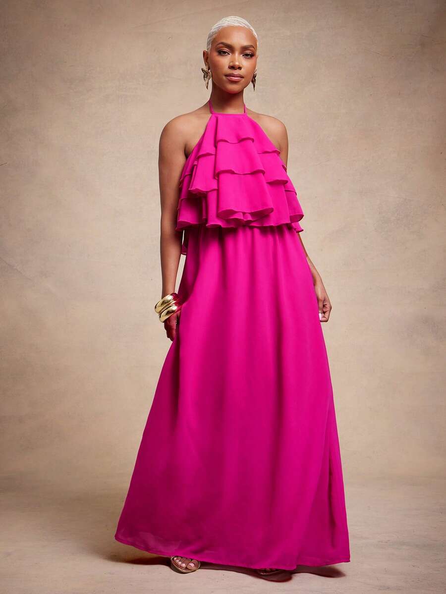 Vixey Đầm maxi xếp tầng bồng bềnh cổ yếm, chất liệu chiffon dày dặn, có lớp lót toàn bộ. - Màu Hồng Tươi - Xem 1