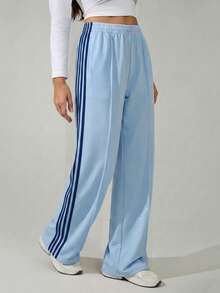 SHEIN Tall Women's Elastic Waist Side Stripe Wide Leg Loose Casual Sweatpants,Back To School, Tall Women - Blue - View 7