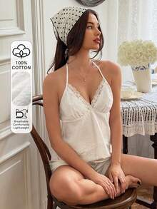 Livesso Top de pijama de mujer con parches de encaje de unicolor y cuello halter - Blanco - Ver 3
