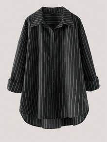 SHEIN Essnce 大码女装秋冬时尚休闲宽松舒适日常百搭显瘦棕色条纹超宽松纽扣衬衫，秋季穿搭，女士衬衫，简约风格，工作上衣 - 深灰色 - 查看 1