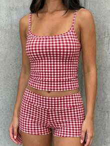SHEIN EZwear Bộ đồ nữ kẻ caro gồm áo hai dây và quần short, thích hợp mặc hàng ngày. - Nhiều màu - Xem 6