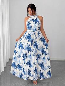 Elenzga Đầm maxi dáng suông xếp ly cổ yếm họa tiết hoa nhí lãng mạn thanh lịch dành cho phụ nữ cỡ lớn - Nhiều màu - Xem 6