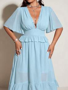 Viva Relle Spring, Summer, Fall New Vacation Elegant Chiffon Design V-Neck Ruffle Sleeve Irregular Hem Dress, Waist Cinched Flared Skirt Princess Sundress - Blue - View 5