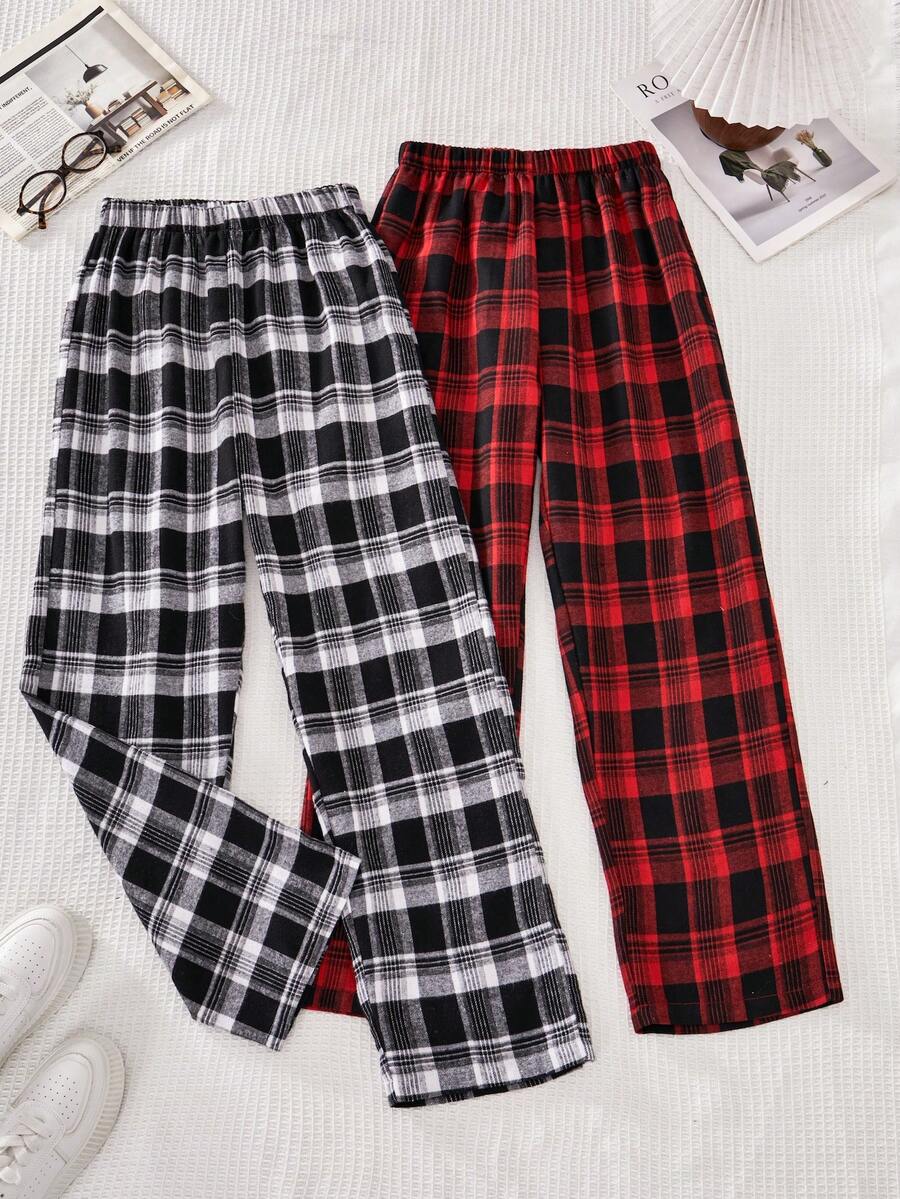 Casuvi Kids Pantalones largos casuales clásicos a cuadros para adolescentes, pantalones de pierna recta con cintura elástica en cuadros negro & blanco / rojo & negro, estilo casual cómodo y versátil - Multicolor - Ver 1