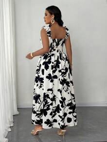 Maweii Plus Size Summer Floral Print Dress With Ruffle Hem And Side Slit Vacation White Elegant - Multicolor - View 2