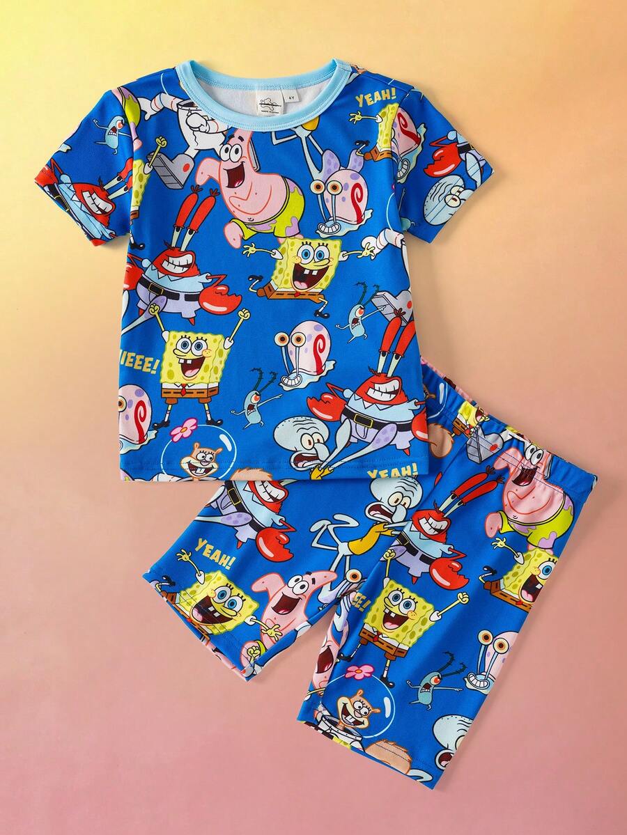 SpongeBob SquarePants | SHEIN 卡通印花圓領短袖上衣與短褲緊身睡衣套裝，適合小男孩 - 藍色 - 查看 1