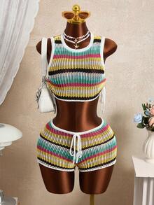 Swim Vcay Set de 2 piezas: Top de tirantes corto de malla a rayas colorida de verano + Pantalones cortos a rayas de colores saturados, Bikini Cover Up - Multicolor - Ver 1