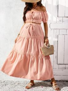 SHEIN Conjunto de 2 piezas de top hombros descubiertos y falda de unicolor simple para maternidad - Rosa - Ver 4