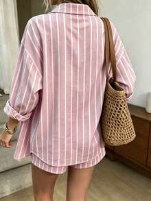Silhoulove Spring/Summer Casual Vacation/Commute Striped Long Sleeve Shirt & Elastic Waist Shorts 2 Pieces Set - Pink - View 2